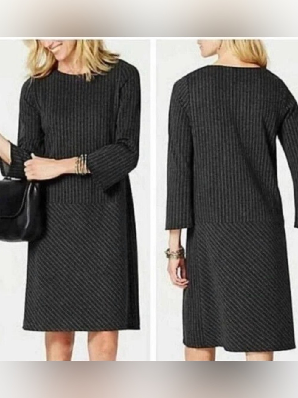 J Jill Women's M Ponte Dress 3/4 Sleeve Round Neck Charcoal Gray‎ Stripe Career